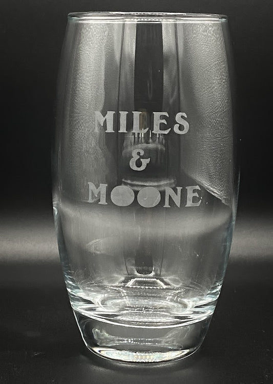 TALL TUMBLER VODKA GLASS ETCHED BY HAND WITH MILES & MOONE LOGO