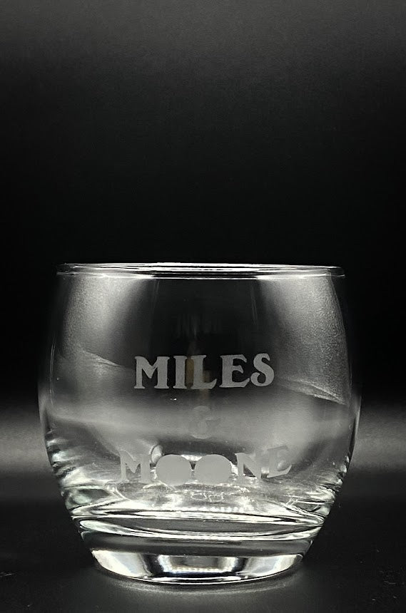 SHORT CURVED MIXER GLASS ETCHED BY HAND WITH MILES & MOONE LOGO