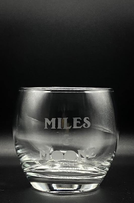 SHORT CURVED MIXER GLASS ETCHED BY HAND WITH MILES & MOONE LOGO